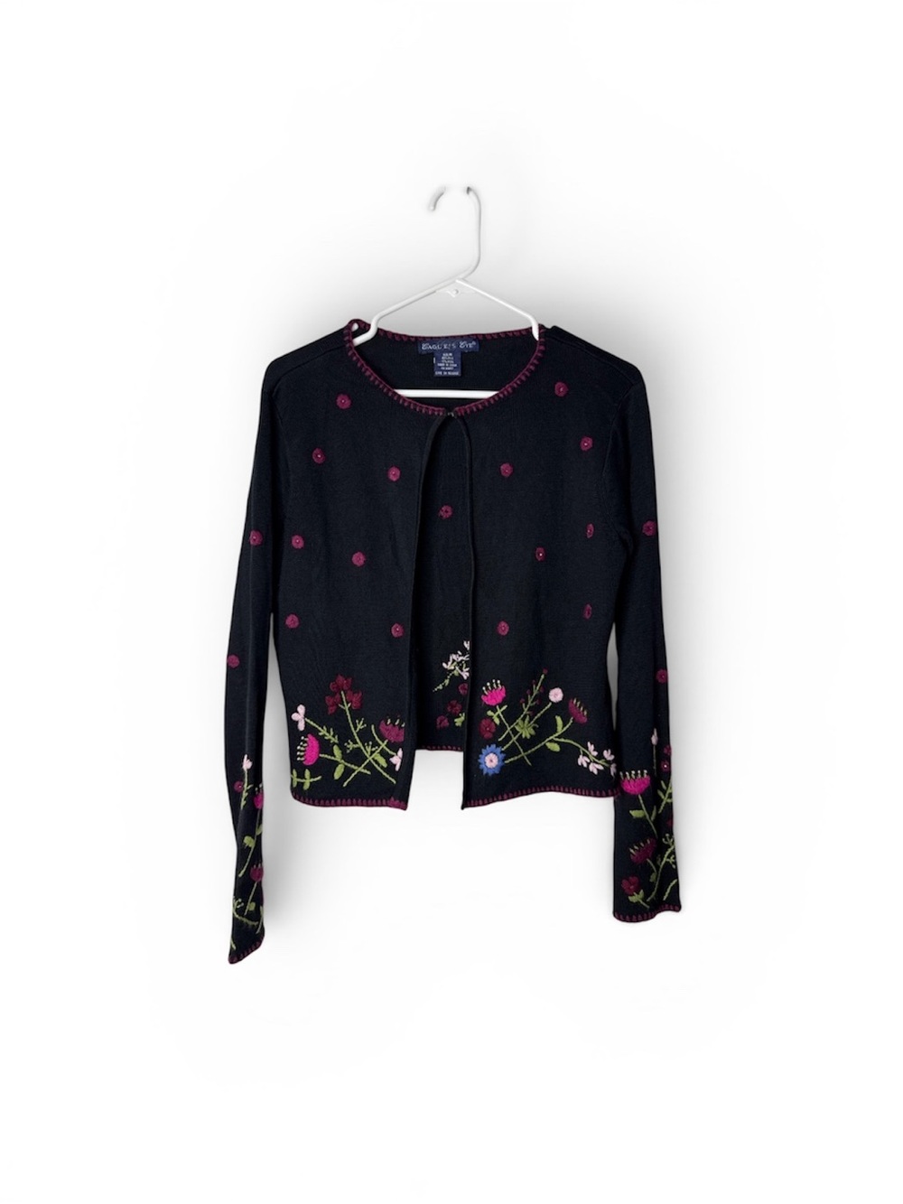 EAGLE’S EYE Vintage Women’s Whimsigoth Black Silk Wool Floral Cardigan Sweater M